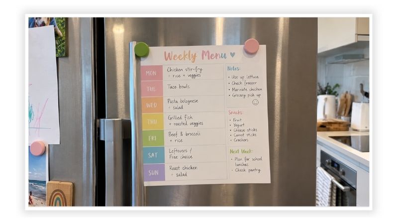 A weekly menu stuck on the fridge door before the weekly shop to plan meals and reduce food waste