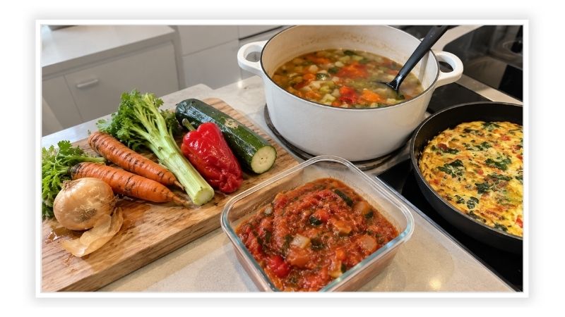 Soft carrots, capsicum and zucchini turned into soup, frittata and pasta sauce to reduce food waste at home